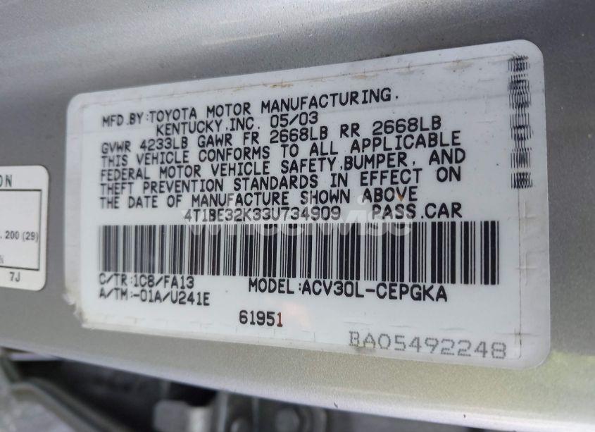 Photo 9 of 2003 Toyota Camry XLE (VIN 4T1BE32K33U734909)