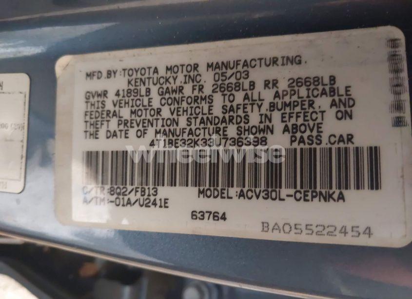 Photo 9 of 2003 Toyota Camry LE (VIN 4T1BE32K33U736398)