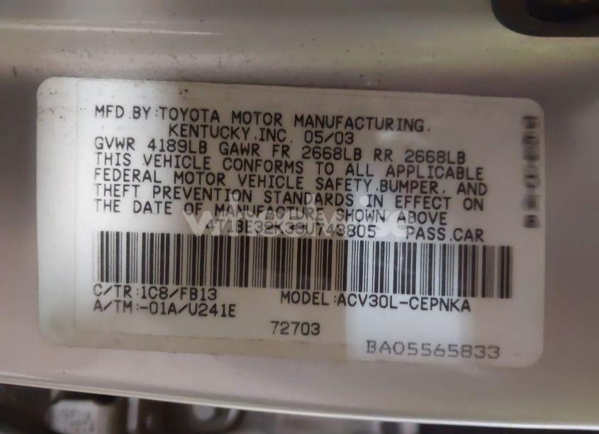 Photo 9 of 2003 Toyota Camry LE (VIN 4T1BE32K33U743805)