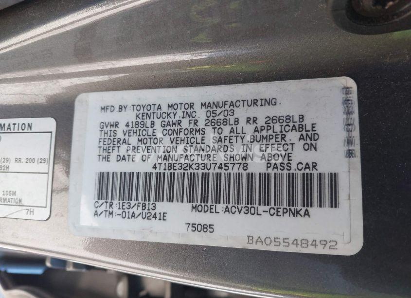 Photo 9 of 2003 Toyota Camry LE (VIN 4T1BE32K33U745778)