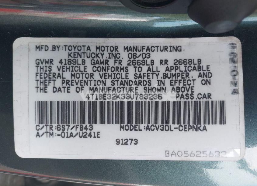 Photo 9 of 2003 Toyota Camry LE (VIN 4T1BE32K33U783236)