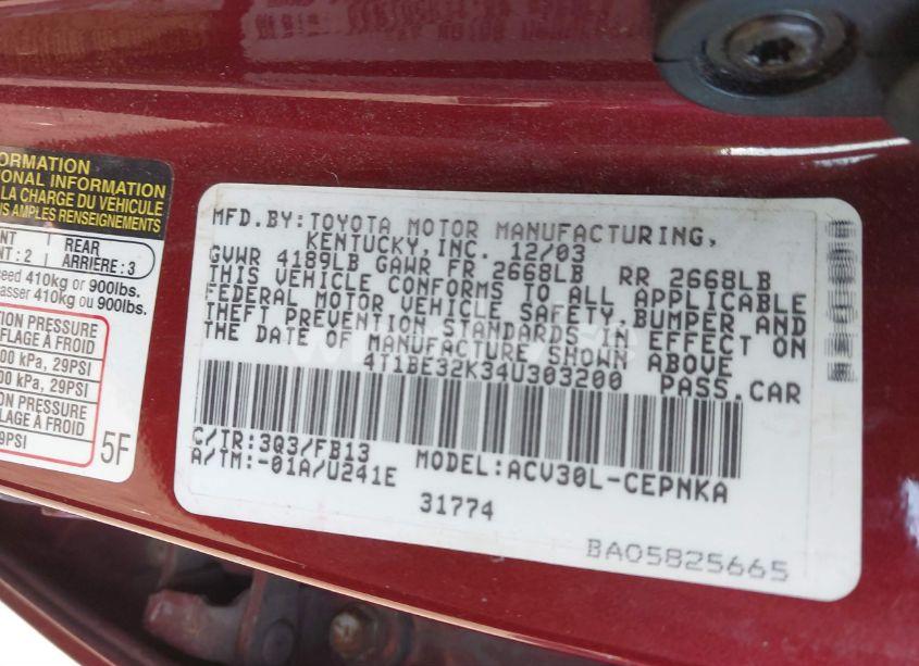 Photo 9 of 2004 Toyota Camry LE (VIN 4T1BE32K34U303200)