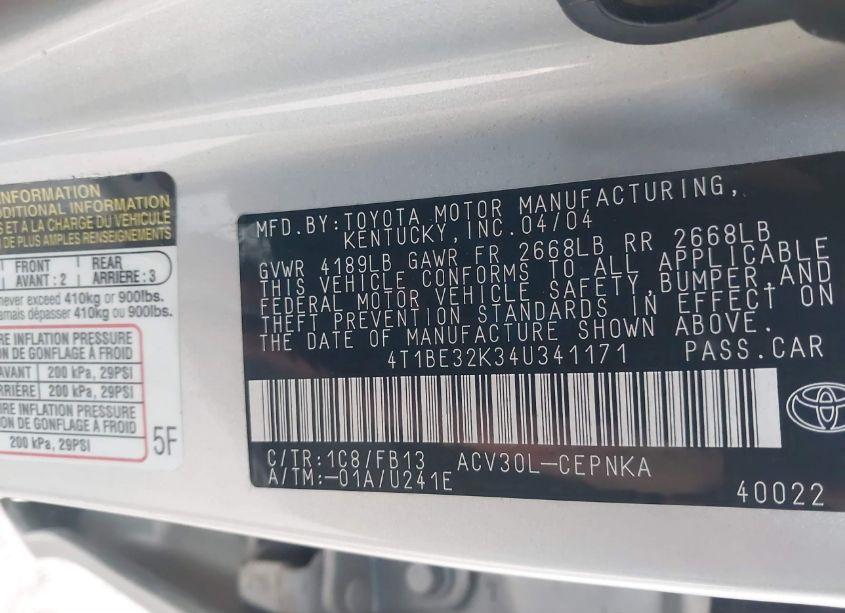 Photo 9 of 2004 Toyota Camry LE (VIN 4T1BE32K34U341171)
