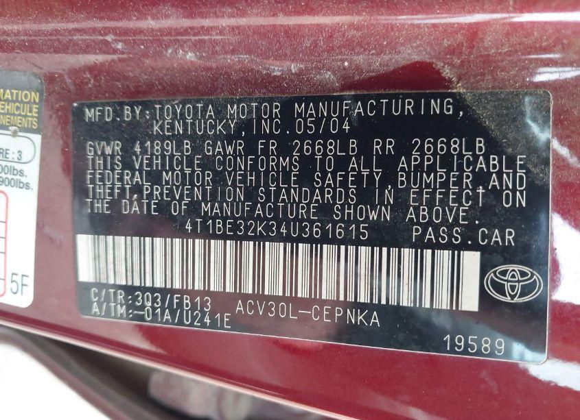 Photo 9 of 2004 Toyota Camry LE (VIN 4T1BE32K34U361615)