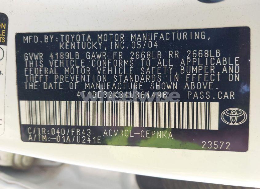 Photo 9 of 2004 Toyota Camry LE (VIN 4T1BE32K34U364496)