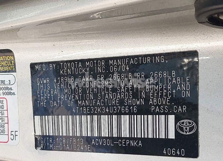 Photo 9 of 2004 Toyota Camry LE (VIN 4T1BE32K34U376616)