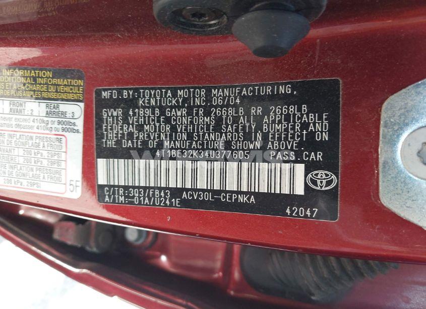Photo 9 of 2004 Toyota Camry LE (VIN 4T1BE32K34U377605)