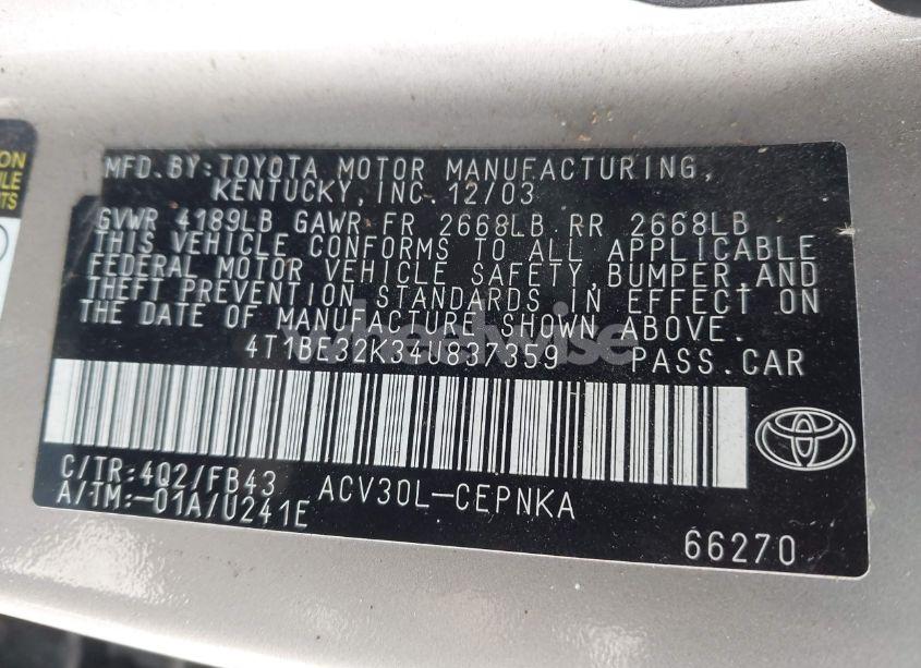 Photo 9 of 2004 Toyota Camry LE (VIN 4T1BE32K34U837359)