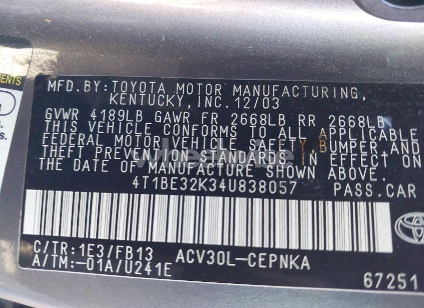 Photo 9 of 2004 Toyota Camry LE (VIN 4T1BE32K34U838057)