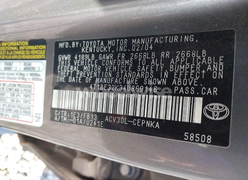 Photo 9 of 2004 Toyota Camry LE (VIN 4T1BE32K34U869146)