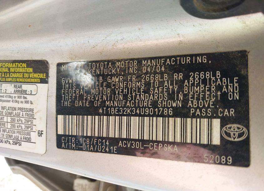 Photo 9 of 2004 Toyota Camry SE (VIN 4T1BE32K34U901786)