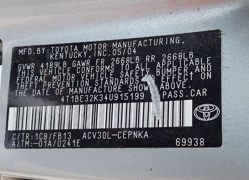 Photo 9 of 2004 Toyota Camry LE (VIN 4T1BE32K34U915199)