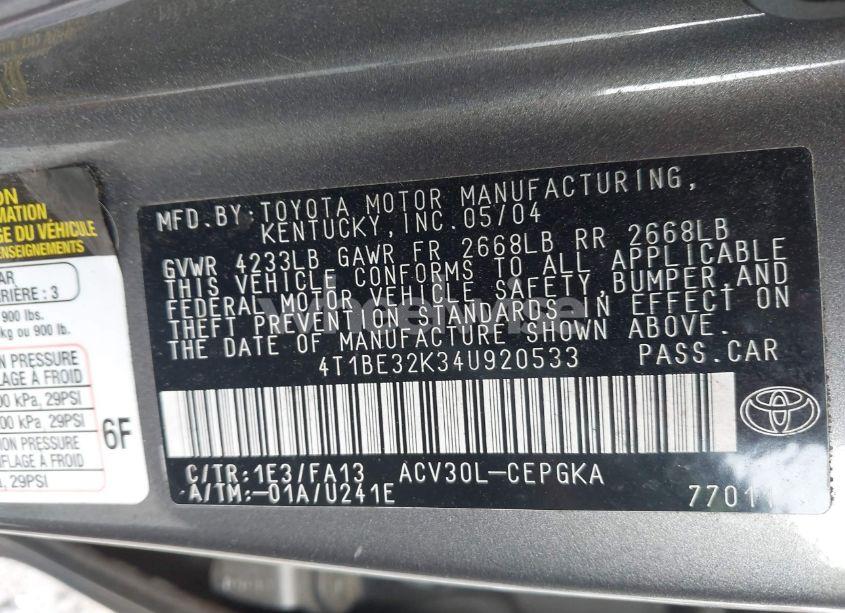 Photo 9 of 2004 Toyota Camry XLE (VIN 4T1BE32K34U920533)