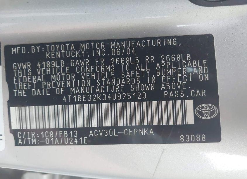 Photo 9 of 2004 Toyota Camry LE (VIN 4T1BE32K34U925120)