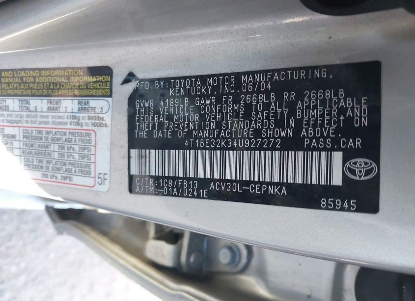Photo 9 of 2004 Toyota Camry LE (VIN 4T1BE32K34U927272)