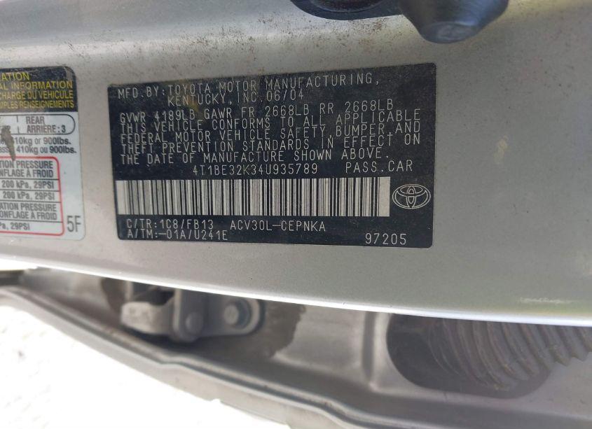 Photo 9 of 2004 Toyota Camry LE (VIN 4T1BE32K34U935789)
