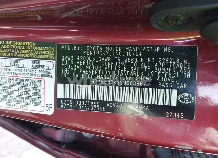 Photo 9 of 2005 Toyota Camry LE (VIN 4T1BE32K35U003867)