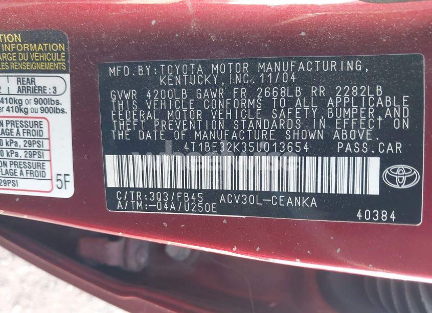 Photo 9 of 2005 Toyota Camry LE (VIN 4T1BE32K35U013654)