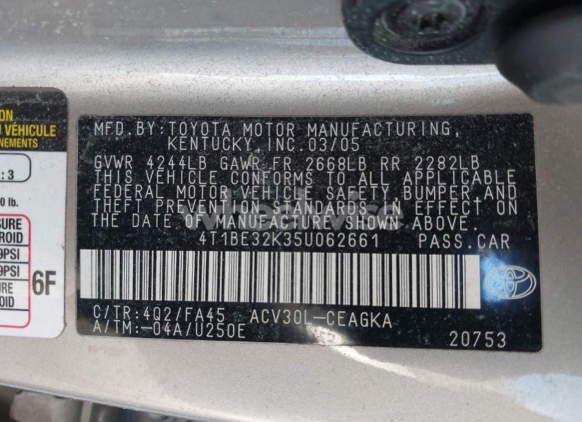 Photo 9 of 2005 Toyota Camry XLE (VIN 4T1BE32K35U062661)