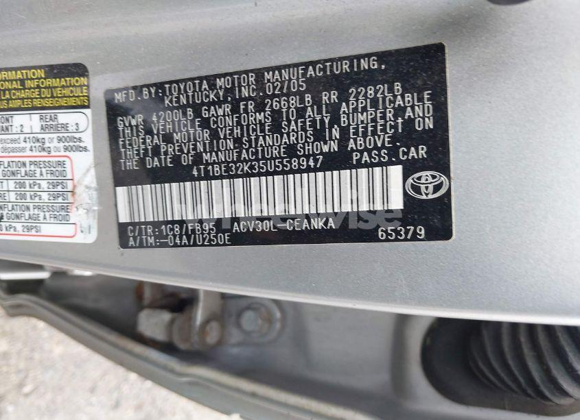 Photo 9 of 2005 Toyota Camry LE (VIN 4T1BE32K35U558947)