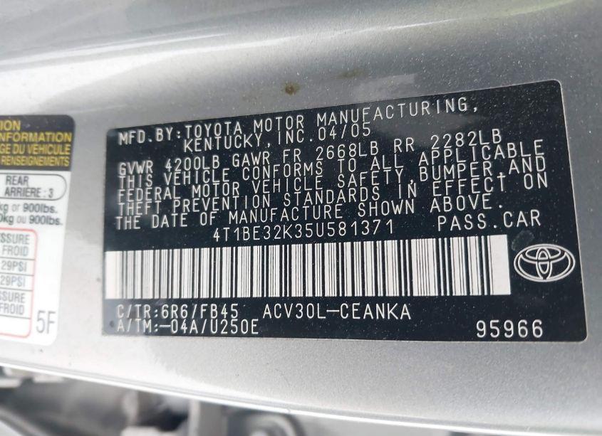 Photo 9 of 2005 Toyota Camry LE (VIN 4T1BE32K35U581371)