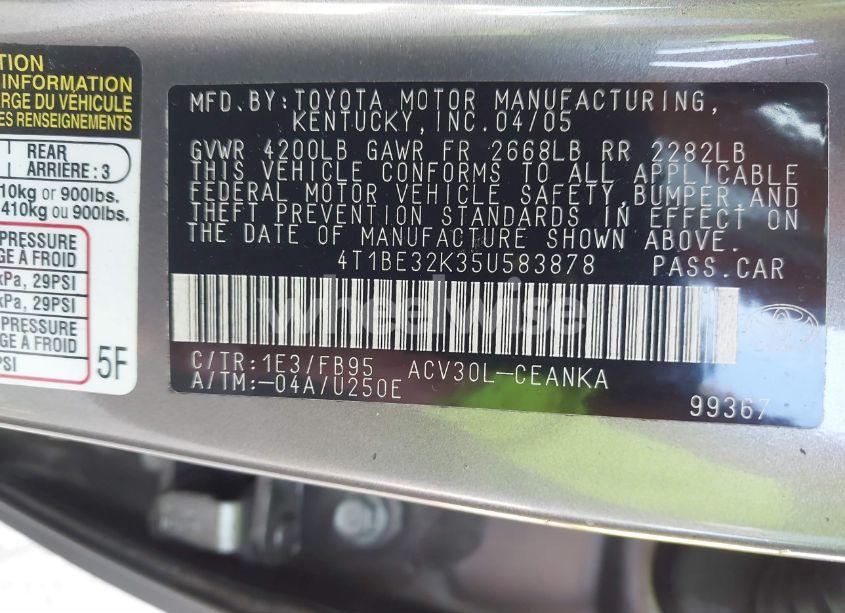 Photo 9 of 2005 Toyota Camry LE (VIN 4T1BE32K35U583878)