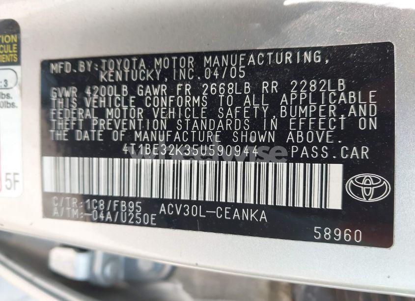 Photo 9 of 2005 Toyota Camry LE (VIN 4T1BE32K35U590944)