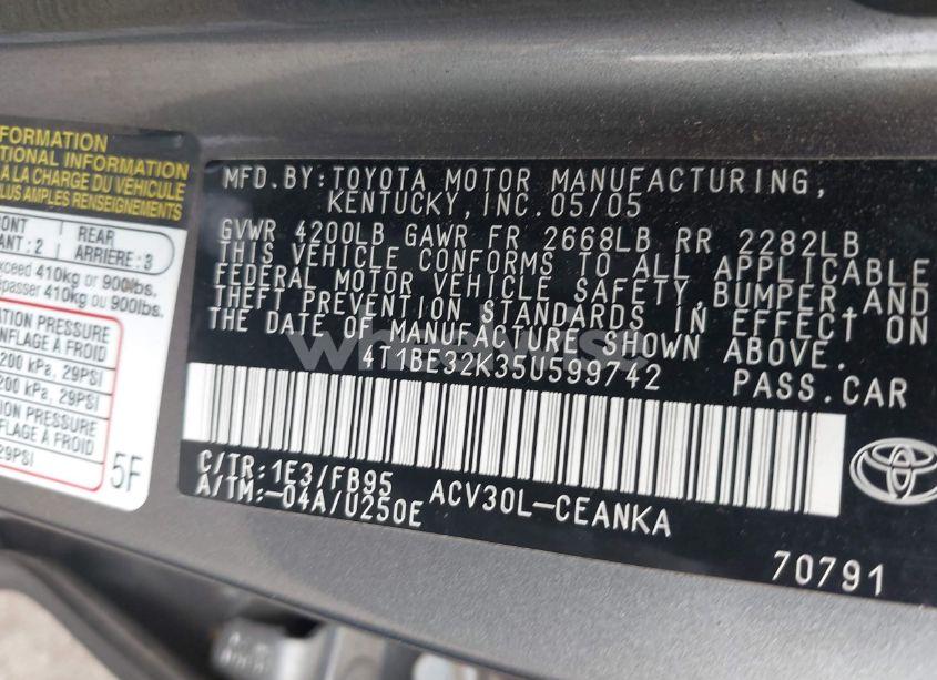 Photo 9 of 2005 Toyota Camry LE (VIN 4T1BE32K35U599742)
