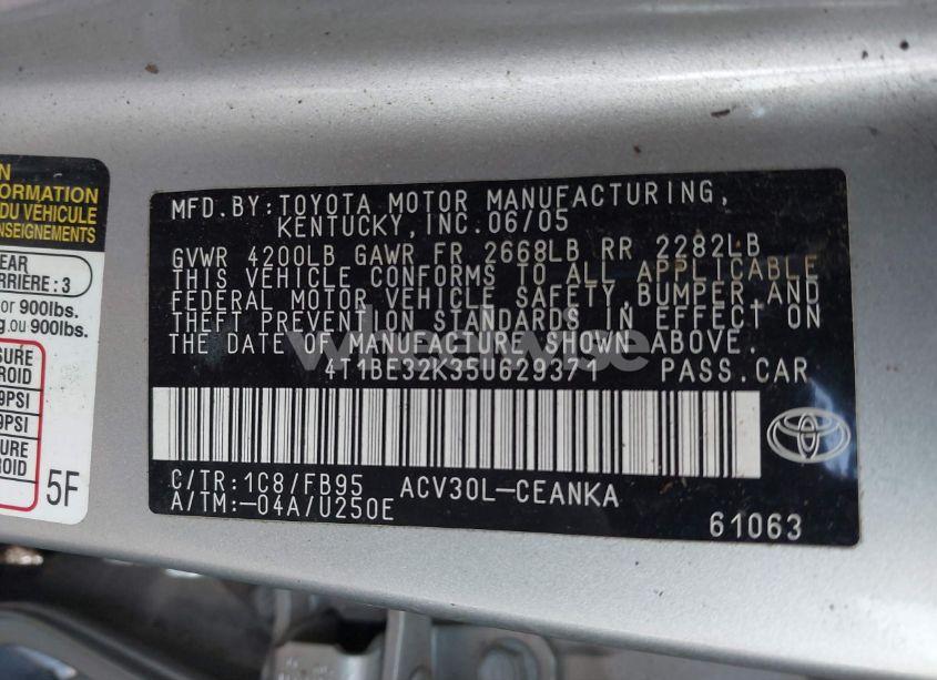 Photo 9 of 2005 Toyota Camry LE (VIN 4T1BE32K35U629371)