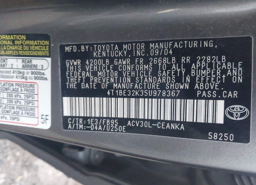 Photo 9 of 2005 Toyota Camry LE (VIN 4T1BE32K35U978367)