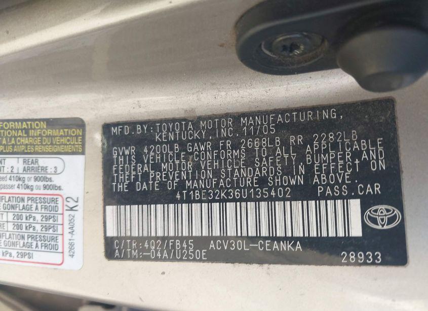 Photo 9 of 2006 Toyota Camry LE (VIN 4T1BE32K36U135402)