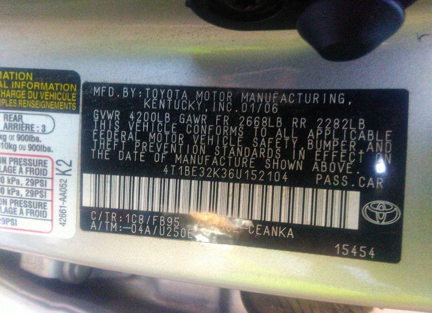 Photo 9 of 2006 Toyota Camry LE (VIN 4T1BE32K36U152104)