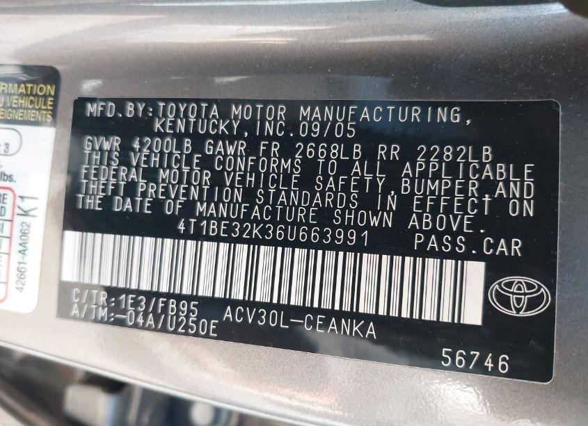 Photo 9 of 2006 Toyota Camry STD (VIN 4T1BE32K36U663991)