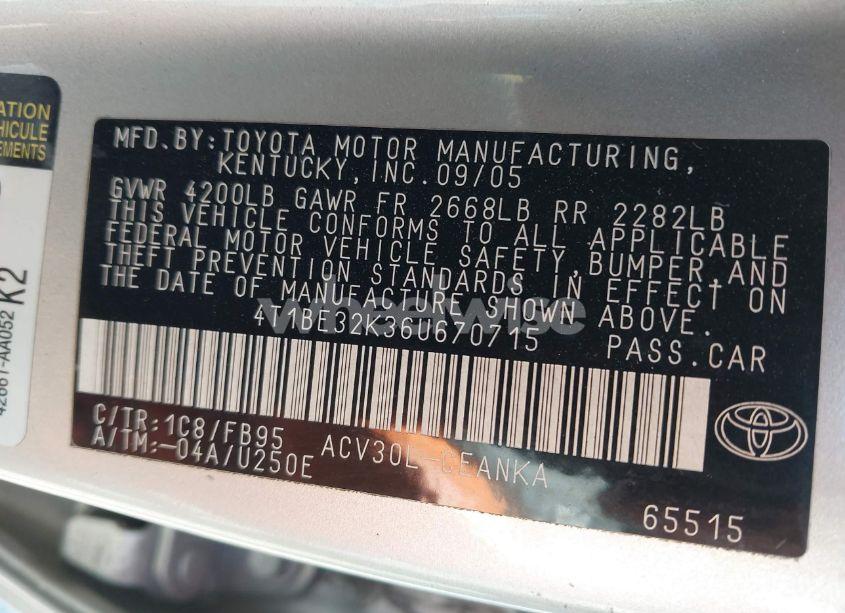 Photo 9 of 2006 Toyota Camry LE (VIN 4T1BE32K36U670715)