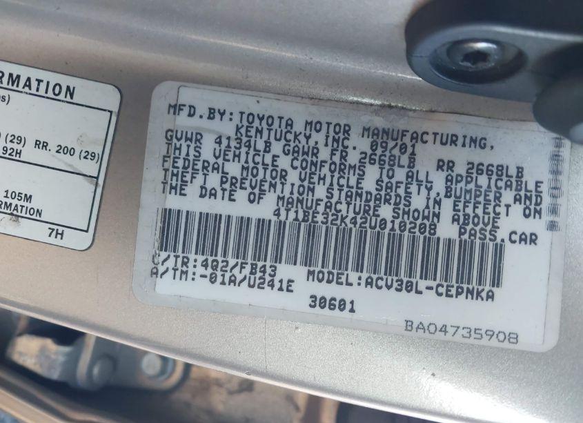 Photo 9 of 2002 Toyota Camry LE (VIN 4T1BE32K42U010208)