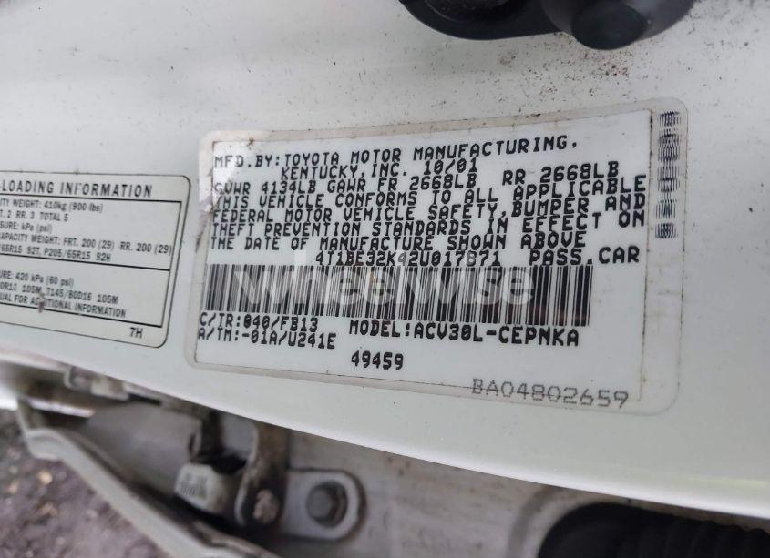 Photo 9 of 2002 Toyota Camry LE (VIN 4T1BE32K42U017871)