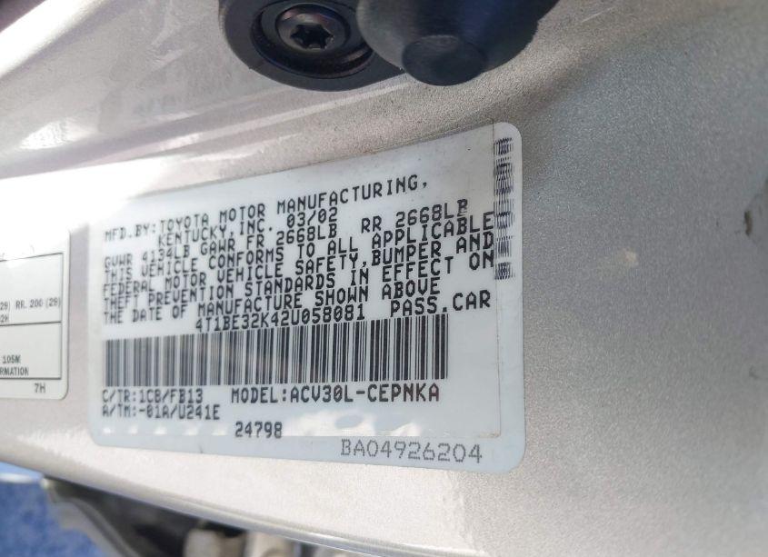 Photo 9 of 2002 Toyota Camry LE (VIN 4T1BE32K42U058081)