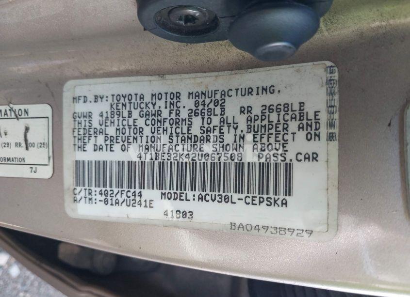 Photo 9 of 2002 Toyota Camry SE (VIN 4T1BE32K42U067508)
