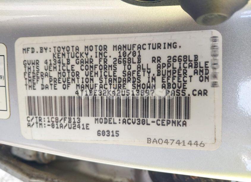 Photo 9 of 2002 Toyota Camry LE (VIN 4T1BE32K42U513897)