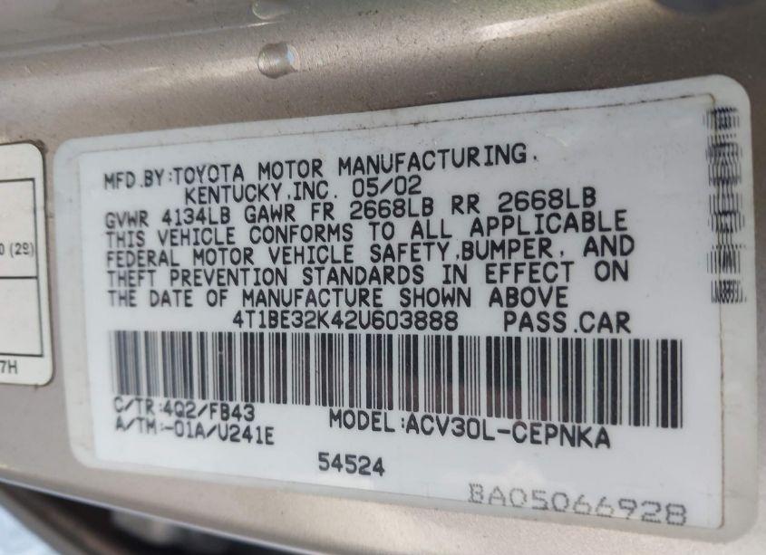 Photo 9 of 2002 Toyota Camry LE (VIN 4T1BE32K42U603888)