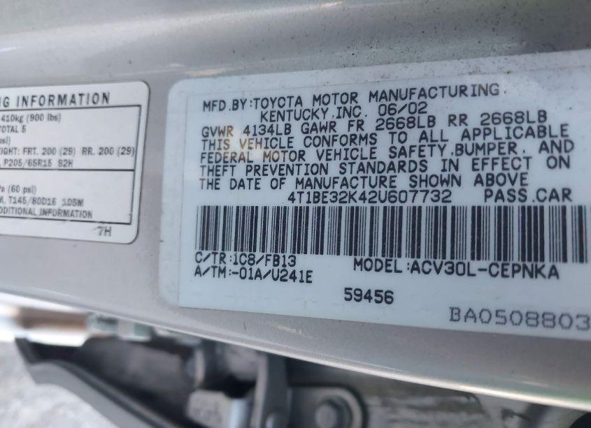 Photo 9 of 2002 Toyota Camry LE (VIN 4T1BE32K42U607732)