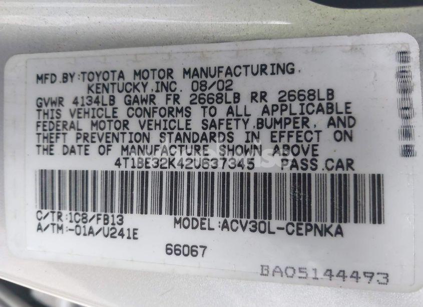 Photo 9 of 2002 Toyota Camry LE (VIN 4T1BE32K42U637345)
