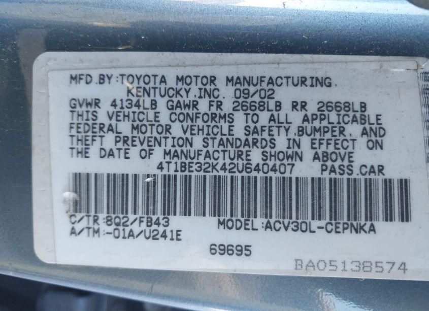 Photo 9 of 2002 Toyota Camry LE (VIN 4T1BE32K42U640407)