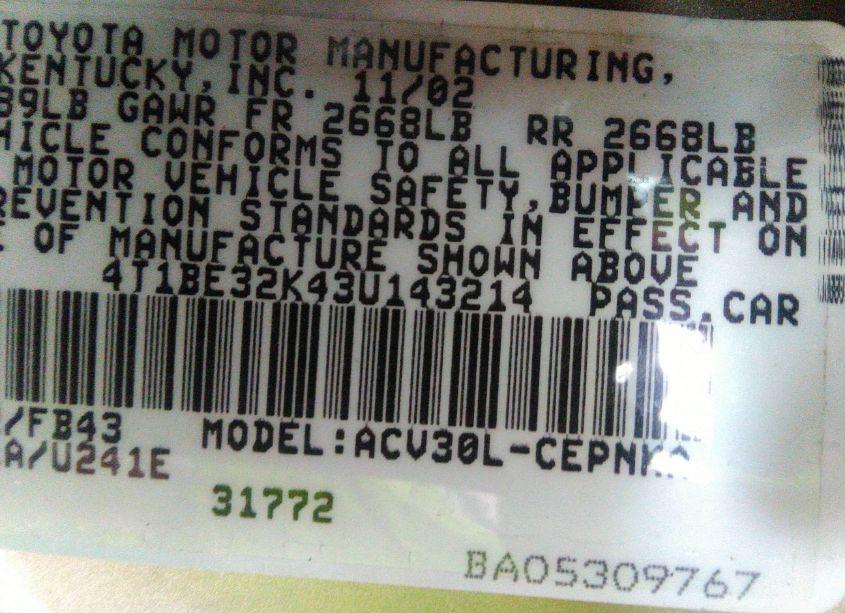 Photo 9 of 2003 Toyota Camry LE (VIN 4T1BE32K43U143214)