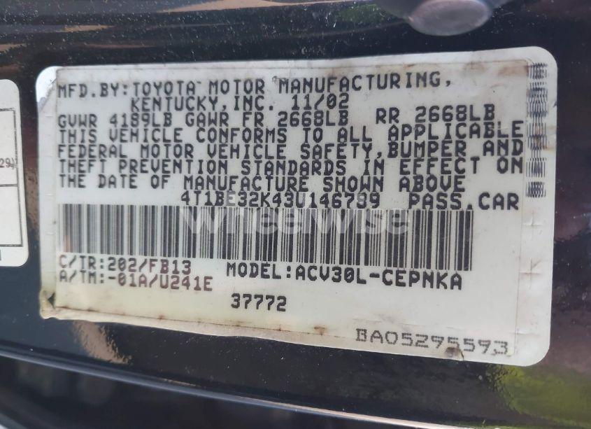 Photo 9 of 2003 Toyota Camry LE (VIN 4T1BE32K43U146789)