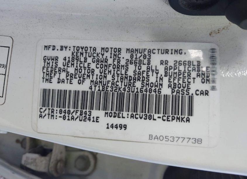 Photo 9 of 2003 Toyota Camry LE (VIN 4T1BE32K43U164046)
