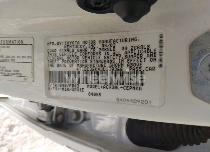 Photo 9 of 2003 Toyota Camry LE (VIN 4T1BE32K43U189366)