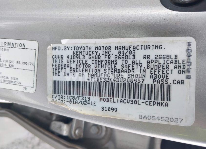 Photo 9 of 2003 Toyota Camry LE (VIN 4T1BE32K43U206957)