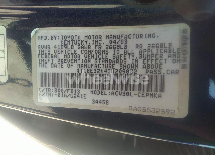Photo 9 of 2003 Toyota Camry XLE/SE/LE (VIN 4T1BE32K43U209082)