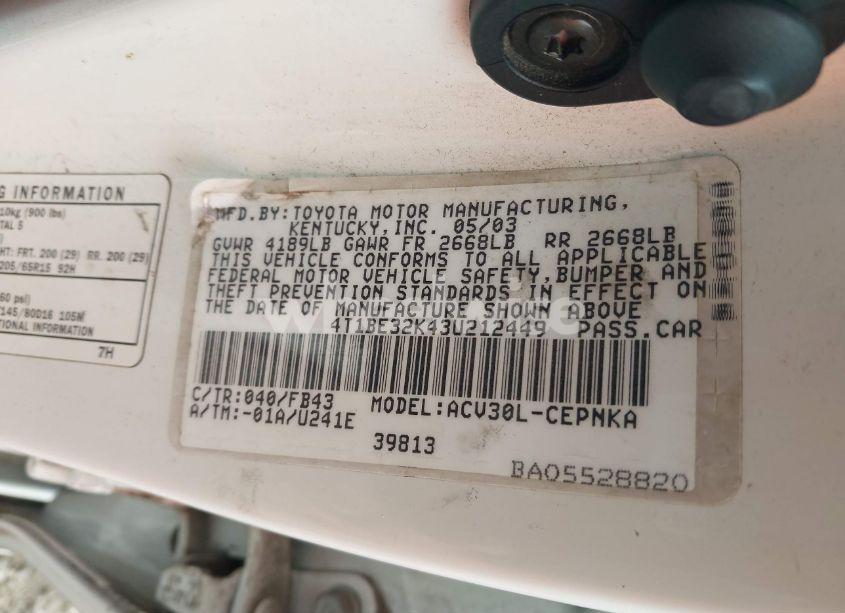 Photo 9 of 2003 Toyota Camry LE (VIN 4T1BE32K43U212449)